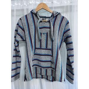 Senor Lopez Baja Hoodie Mens Medium‎ Pullover Poncho Mexican Blanket Striped